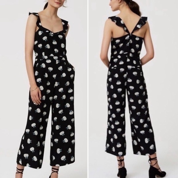 LOFT Pants - LOFT Lotus Floral Blue Jumpsuit Ruffle Sleeves Wide Leg Pockets Blogger Fav 4